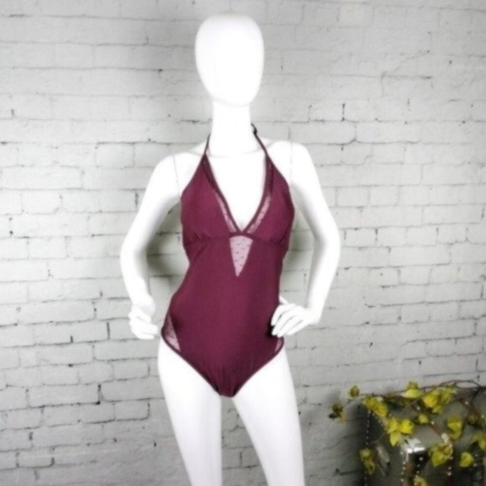 Fashion World Low Cut One Piece Swimsuit With Mesh Insets In Plum Size Large